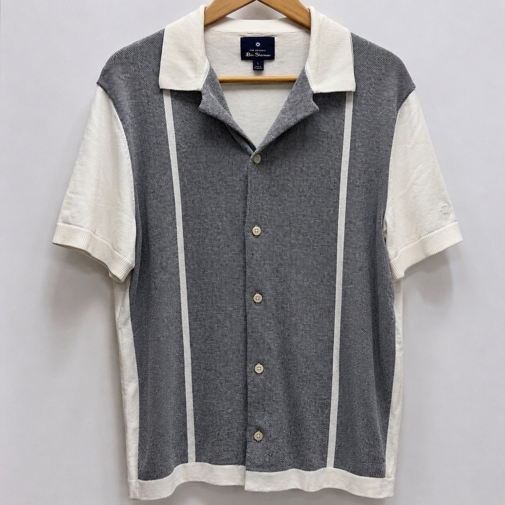 Ben Sherman Knit Camp Collar Button Front Shirt Gray White Large